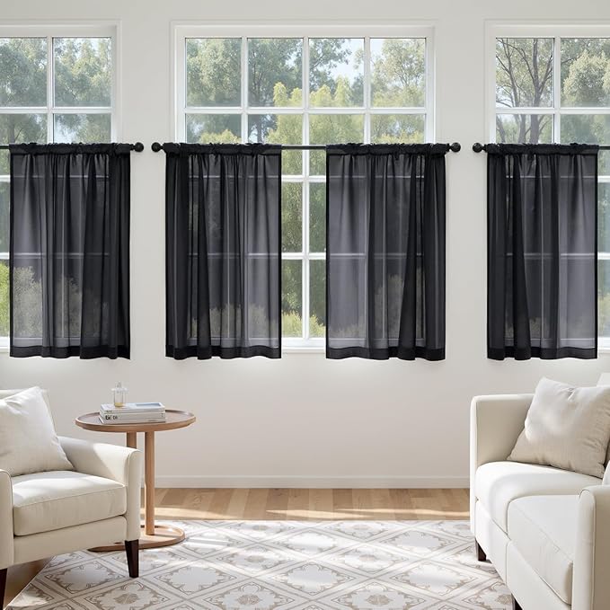 MIULEE Short Cafe Curtains 36 Inches Long, 4 Panels Set, Sheer Light Filtering Tier Curtains for Kitchen Windows Over Sink, Rod Pocket, 42W x 36 Inches, Black