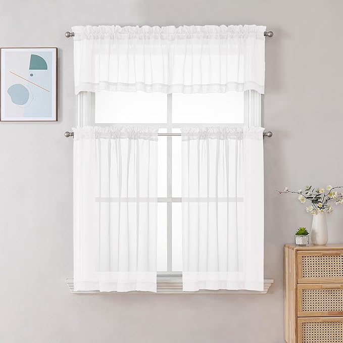 Chyhomenyc White Sheer Curtains 36 inch Length 2 Panels Set, Light Filtering Voile Rod Pocket Short Window Curtians for Bathroom Living Room Farmhouse Small Windows, Each 42Wx36L in, 2PCS, White