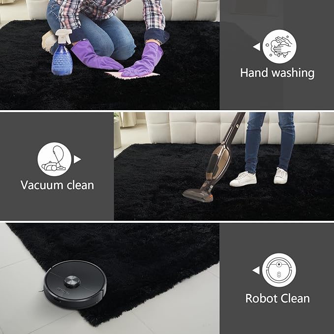 Shag Area Rugs for Bedroom Living Room,8X10 Ultra Soft Fluffy Area Rugs for Dorm, Indoor Carpet Nursery Rugs for Kids Room Home Decor, Black
