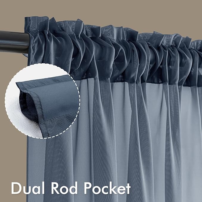 MIULEE Navy Blue Sheer Curtains 63 Inches Long, 4 Panels Set, Light Filtering Rod Pocket Voile Drapes Window Treatments, Semi Transparent Airy Fabric for Bedroom and Living Room, 42 x 63 Inches