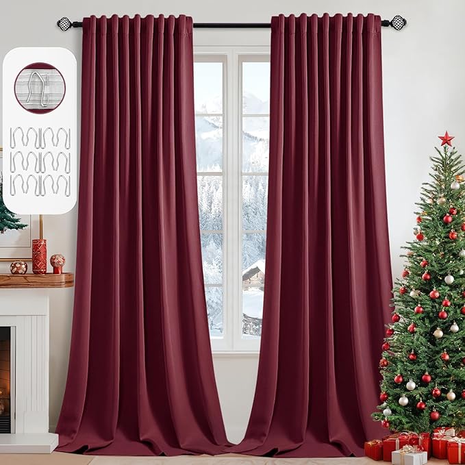 MIULEE Christmas Wine Red Back Tab Blackout Curtains 108 Inch Long 2 Panels Set for Bedroom, Rod Pocket/Pinch Pleat Extra Long Thermal Insulated Living Room Darkening Pleated Light Blocking Drapes