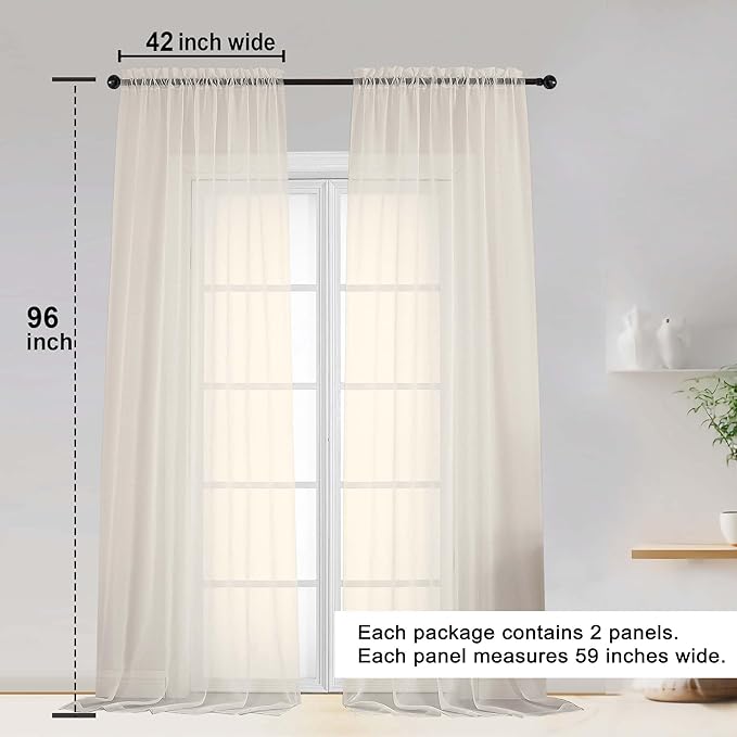 OWENIE Cream Sheer Curtain 96 Inch Long 2 Panels Set, Light Filtering Clear Rod Pocket Soft Sheer Curtain 95 for Bedroom/Living Room, 2Pcs, Each 42" W x 96" L, Cream