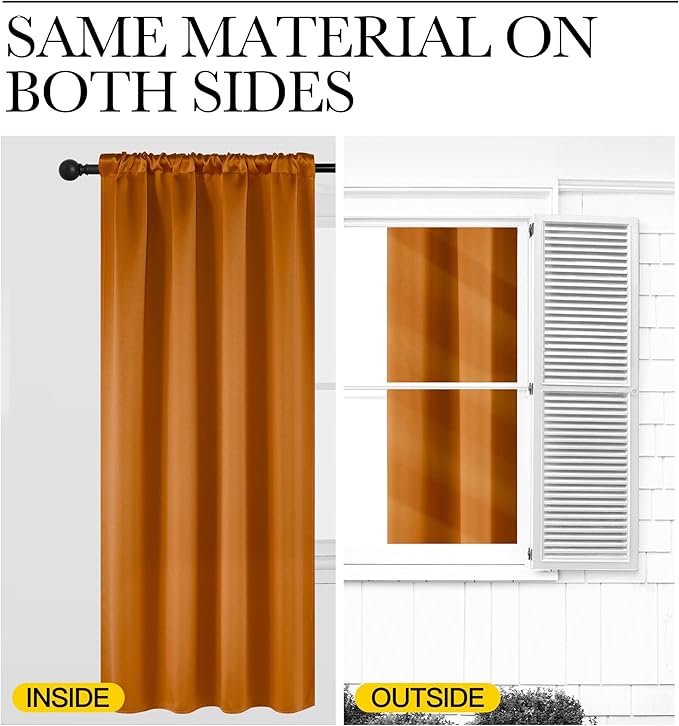 NICETOWN Room Darkening Cafe Satin Curtains for Small Windows, 42" Wide by 63" Long, 2 Panels, Orange, Rod Pocket Privacy Faux Silk Blackout Drapes for Bedroom