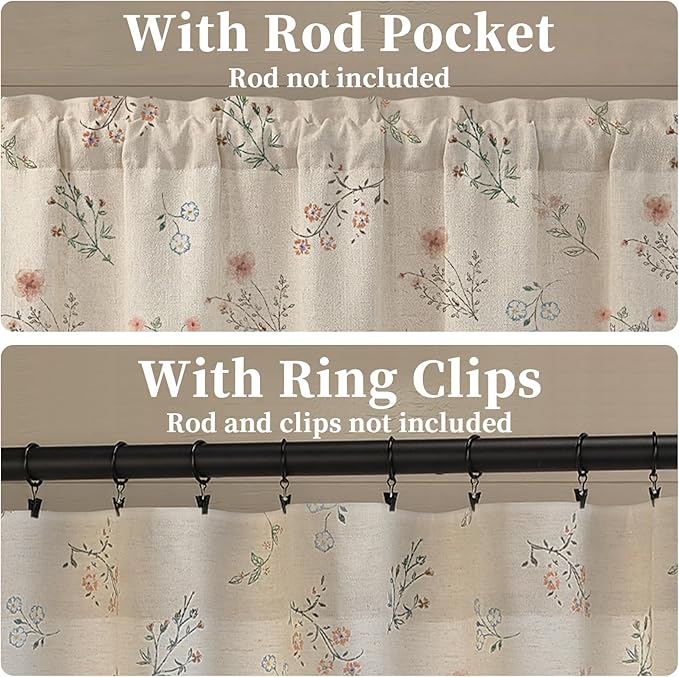 Kitchen Valances for Windows, Country Farmhouse Cottage Rustic Vintage Floral Linen Light Filtering Bedroom Living Room Patterned Printed Western Rod Pocket(1 Panel,52 x 18 Inch)