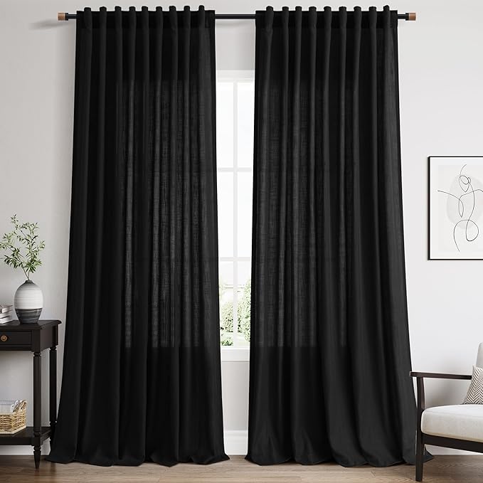 Nanspring Black 102 inch Linen Curtains for Living Room Privacy Semi Sheer Curtains Back Tab and Rod Pocket Simple Modern Linen Blend Curtain for Bedroom/Office Large Window 70x102,2 Panel