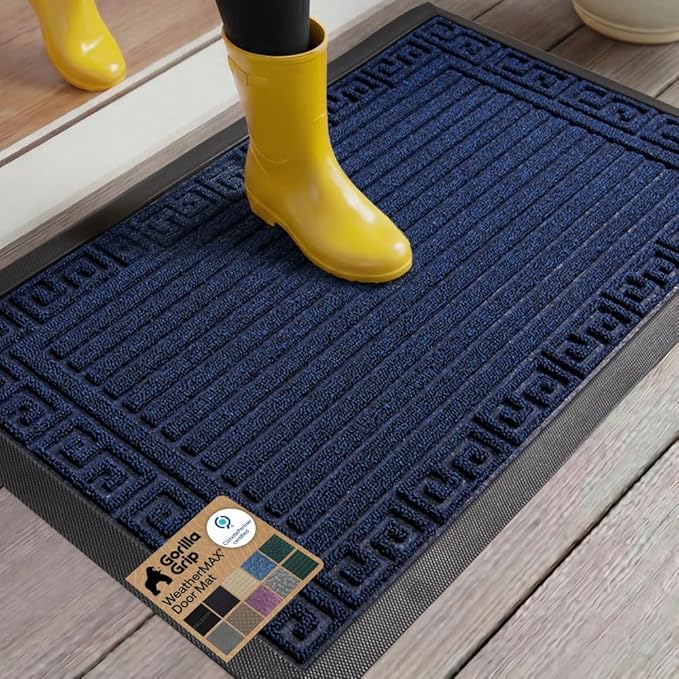 GORILLA GRIP 100% Waterproof All-Season WeatherMAX Doormat 35x23, US Designed Natural Rubber, Stain and Fade Resistant, Low Profile Indoor Outdoor Door Mats, Easy Clean Patio Mat, Navy Greek Keys