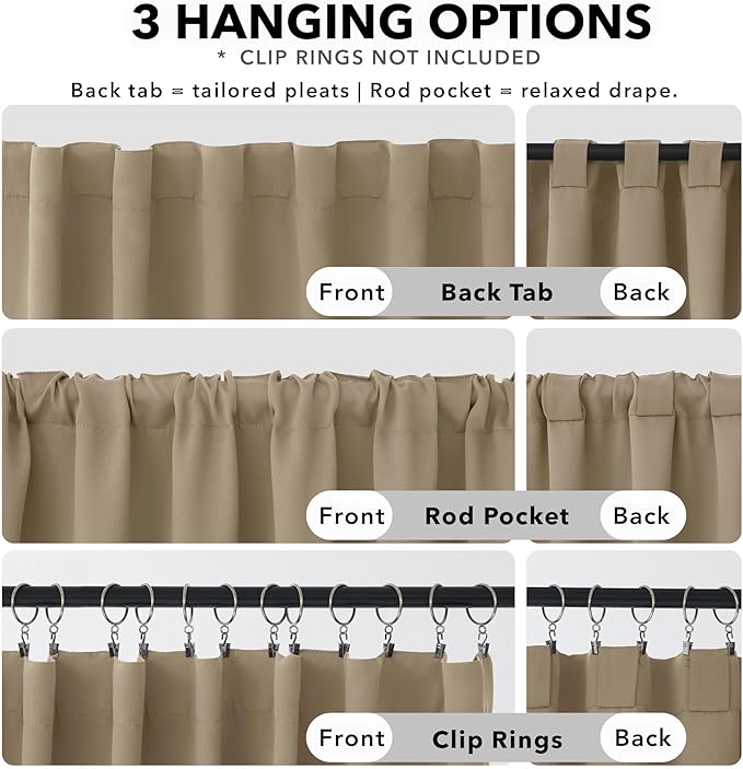 Deconovo Blackout Curtains, Thermal Insulated, W52 x L108 2 Panels, Back Tab, Machine Washable, Room-Darkening Drapes for Bedroom/Living Room Khaki