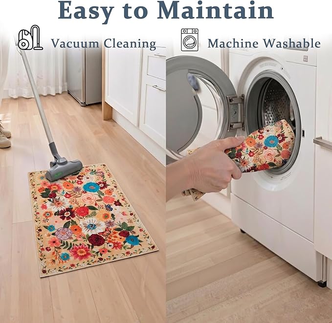 Area rugs 24x17 Inch Home Decor Entry Rug, Small Door Mat Bath Mats for Bathroom, Ultra-Thin Non Slip Floral Low Pile Tub Mat for Sink Shower Doorway Tub Kitchen Sink(2 x 1.4 ft, Yellow Garden)