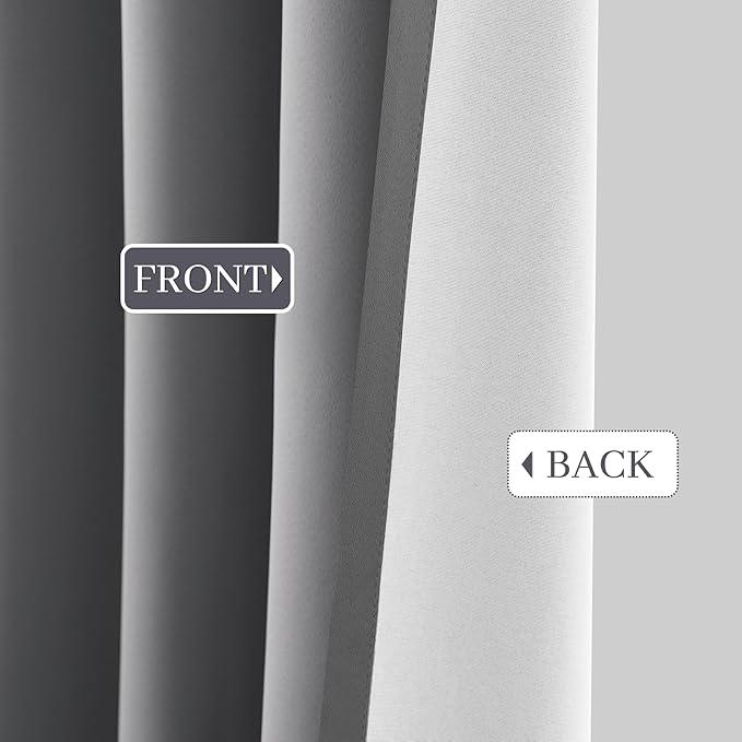 Yakamok Grey Room Darkening 100% Blackout Curtains Grommet Window Treatments with 2 Thick Layers-Gray Thermal Insulated Drapes Set of 2 Panels for Bedroom Living Room 52 Inches by 63 Inches Length