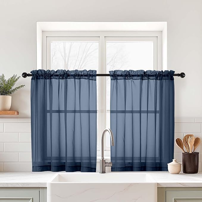 Navy Blue Small Sheer Curtains Tier 24 Inches Length 2 Pieces, Light Filtering Cafe Curtains for Living Room Bathroom, Modern Window Treatments Dual Rod Pocket Panels, 2X42Wx24L Inches