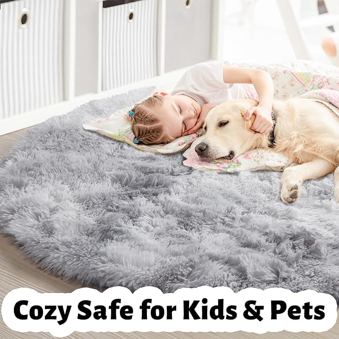 Amdrebio Tie-Dyed Light Grey Round Area Rug 4Ft for Bedroom Living Room, Soft Fluffy Circle Circular Rugs for Kids Room, Home Office Decor, Modern Floor Shag Fuzzy Farmhouse Gray Carpet for Teen Boys