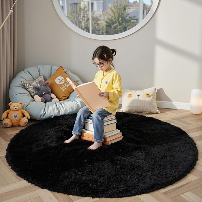 Super Soft Circle Rugs for Girls Princess Castle Toddlers Play Tent 3 Diameter Circular Area Rugs for Kids Bedroom Baby Room Decor Round Shag Playhouse Carpets(Φ3, Black)