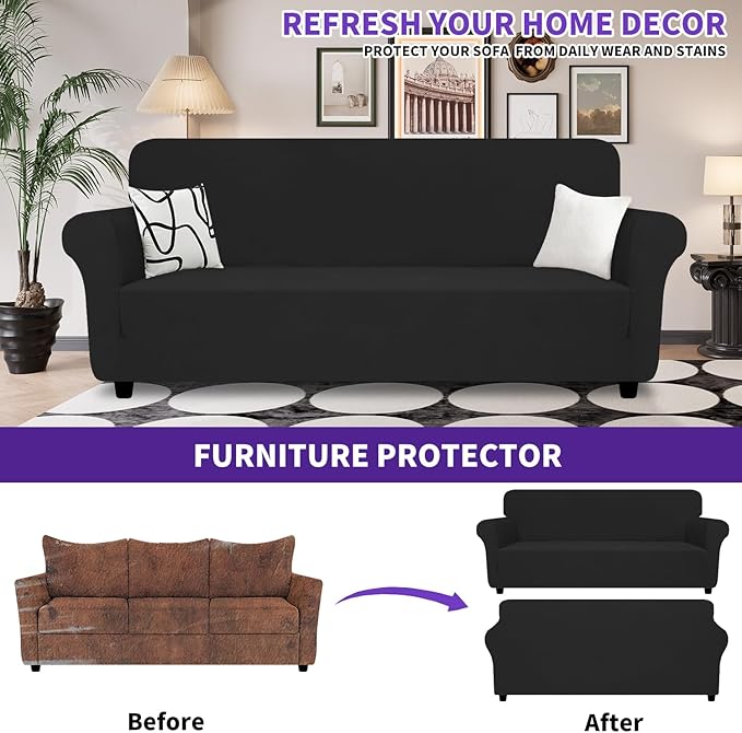 ZNSAYOTX Oversized Super Stretch Couch Cover (92"-115"), New Striped Sofa Covers Comfortable & Durable, Dog Cat Pets Friendly Extra Large Spandex Sofa Slipcovers (Black, XL Sofa)