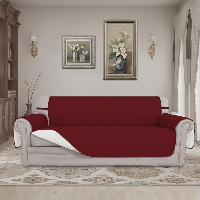 Easy-Going 4 Seater Sofa Slipcover Reversible Sofa Cover Water Resistant Couch Cover with Foam Sticks Elastic Straps Furniture Protector for Pets Children Dog Cat (XX-Large, Christmas Red/Ivory)