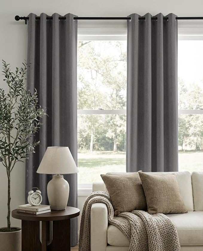 100% Blackout Shield Curtains, Dark Gray, 50''W x 96''L, 2 Panels, Linen Textured Look, Thermal Insulated, Full Light Blackout, Rod Pocket, Living Room/Bedroom