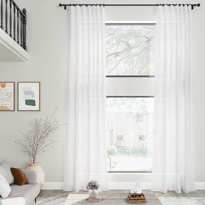 White Linen Curtains 126 Inches Long 2 Panels Set for Living Room Extra Long Back Tab Curtain Neutral Farmhouse Light Filtering Semi Sheer Linen Drapes Ceiling to Floor for Large Window 52x126