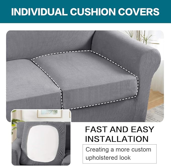 Turquoize 3 Piece Sofa Covers for 2 Cushion Couch Sofa Slipcover Soft Couch Cover for Dogs-Washable Sofa Furniture Covers with 2 Individual Cushion Covers, Thick Jacquard Fabric (Loveseat, Dove)
