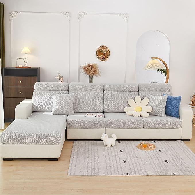 Sofa Covers Couch Covers for Sofa Pet Friendly Couch Cushion Covers Universal Sofa Covers Washable Stretch Slipcovers for Sectional Sofa (Texture Light Gray,Chaise Cover)