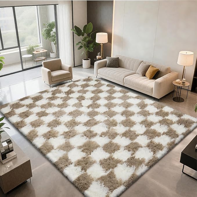 Checkered Area Rugs for Living Room 6x9, Fluffy Beige and White Checkered Rug Fuzzy Shag Shaggy Carpets for Bedroom, Soft Plush Furry Rug for Boy Girls Room Dorm Home Decor