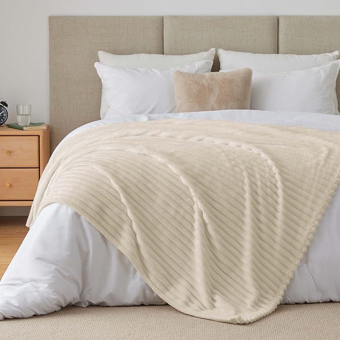 BEDELITE Fleece Throw Blanket for Couch - 300GSM Soft & Warm Fluffy Beige Blanket, Decorative and Giftable Striped Blankets for Women, Men, 50"x60"