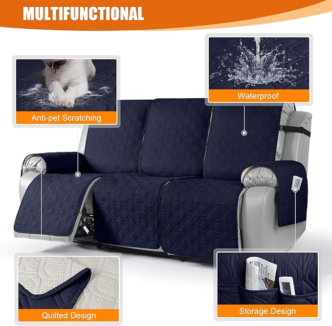 VANSOFY Waterproof Recliner Couch Covers, Sofa Covers 1-Piece Washable Reclining Sofa Cover Non-Slip Furniture Protector with Elastic Straps Pocket for Dogs, Pets(Dark Blue,3 Seater)