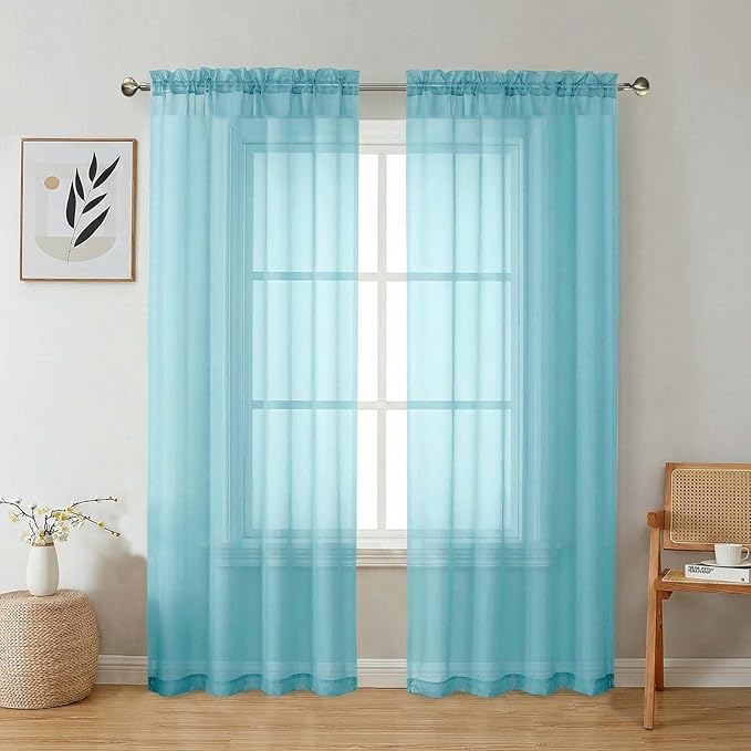 Aiyufeng Aqua Sheer Curtains 72 Inch Length 2 Panels Set, Light Filtering Airy Rod Pocket Aqua Window Curtain Treatment Drapes for Kitchen Bedroom Living, Each 42Wx72L Inches