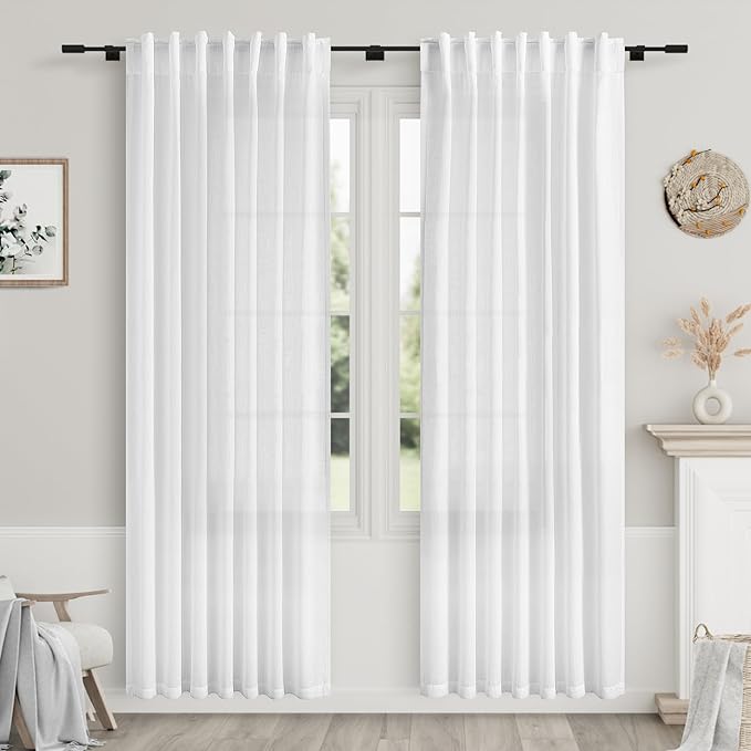 Nanspring White Linen Curtains 87 Inches Long for Bedroom Back Tab Light Filtering Privacy Sheer Curtains Modern Farmhouse Decor Linen Textured Gauze Curtain for Bathroom 2 Panels Set 52x87