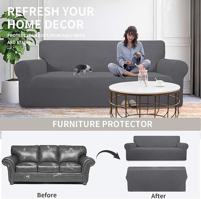 Easy-Going Stretch Chair Sofa Slipcover 1-Piece Couch Sofa Cover Furniture Protector Soft with Elastic Bottom for Kids, Pet. Spandex Jacquard Fabric Small Checks (Chair, Gray)