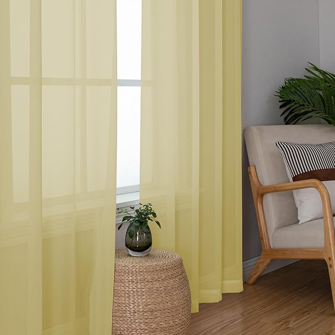 Chyhomenyc Mustard Yellow Sheer Curtains 84 Inches Long, Light Filtering Window Sheer Curtain Panel Drapes, Elegant Rod Pocket Soft Voile for Bedroom Living Room, Each 42Wx84L Inches, 2 Panels
