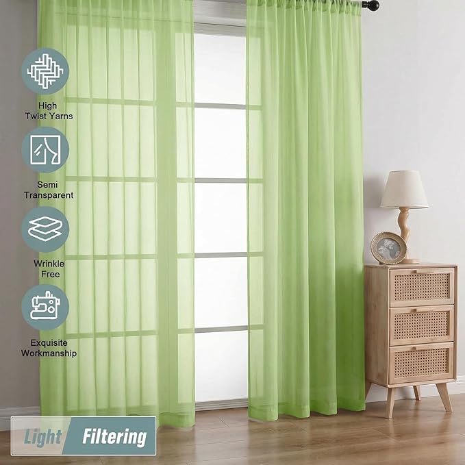 Sheer Curtains 84 Inches Long 2 Panels, Elegant Airy Transparent Light Filtering Window Curtains, Window Drapes for Christmas, Top Dual Rod Pocket Design, Lime, 2x42Wx84L Inches