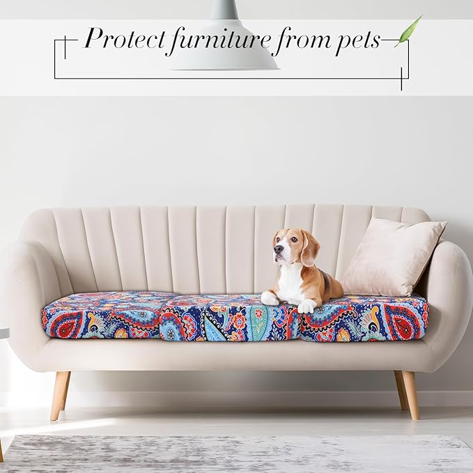 Newwiee 8Pcs Patio Cushion Covers Stretch Outdoor Cushion Cover Replacement for Patio Furniture Sofa Couch Slipcovers, Soft Flexibility Washable Furniture Protector(Waterproof Paisley,Vivid Color)