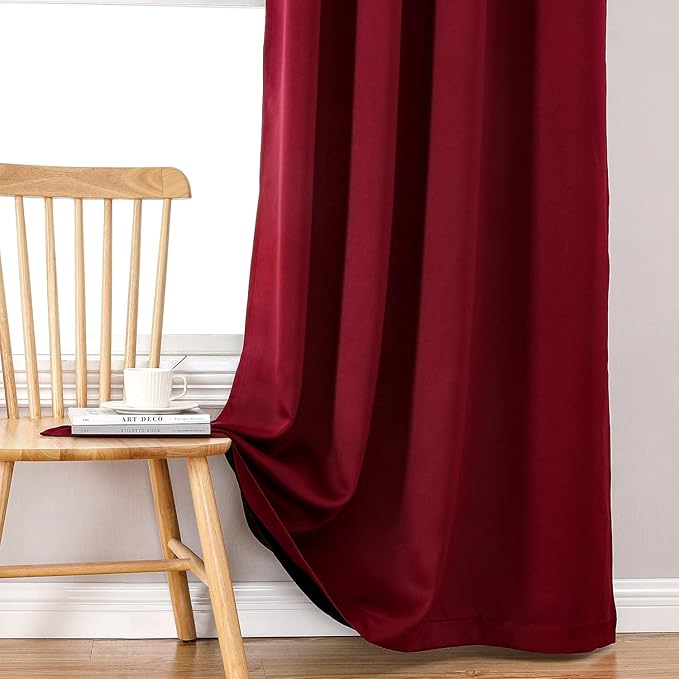 ChrisDowa 100% Blackout Curtains for Bedroom with Black Liner, 2 Thick Layers Total Blackout Thermal Insulated Grommet Window Curtains 2 Panels Set (Burgundy, 52 x 63 Inch)