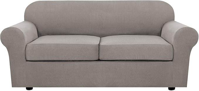 H.VERSAILTEX 3 Piece Stretch Sofa Covers for 2 Cushion Sofa Couch Covers for Living Room Sofa Slipcovers (Base Cover Plus 2 Seat Cushion Covers) Thicker Jacquard Fabric(Large Sofa, Taupe)