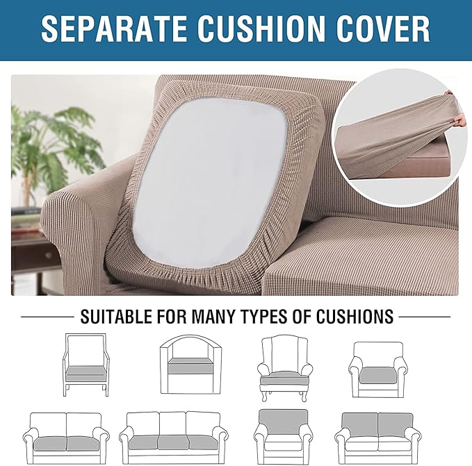H.VERSAILTEX 3 Piece Stretch Sofa Covers for 2 Cushion Sofa Couch Covers for Living Room Furniture Cover (Base Cover Plus 2 Seat Cushion Covers) Thicker Jacquard Fabric(Large Sofa, Sand)
