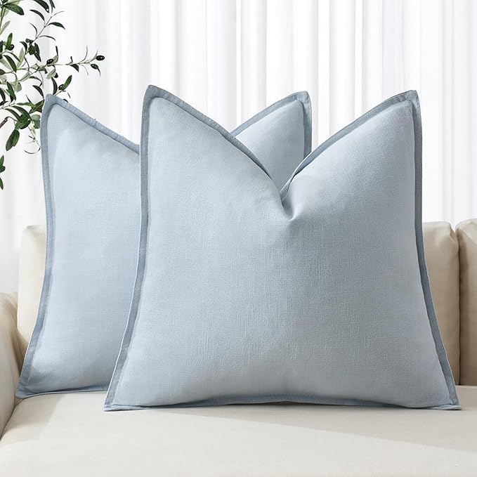 MIULEE Decorative Linen Euro Sham Pillow Covers 22x22 Inch Light Blue Boho Farmhouse Neutral Couch Throw Pillows for Bed Pack of 2 Accent Coastal Modern Pillowcase Summer Sofa Livingroom Home Decor