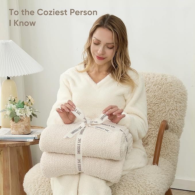 Snuggle Sac Ultra Soft Ivory Bedding Blanket Twin XL, Warm Fluffy Microfiber Blankets for Bed, Living Room, Oversized Bed Blanket Dupes, Heather Ivory, 66x90 inches