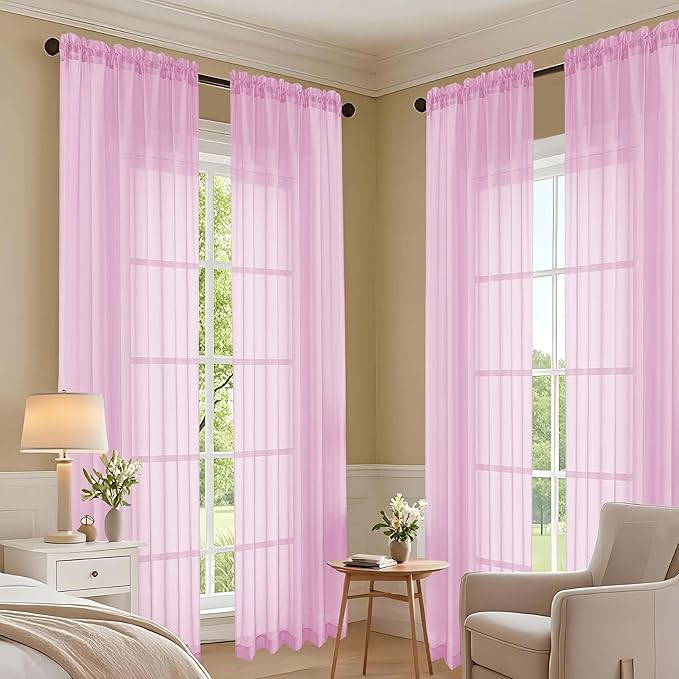 OVZME Light Pink Sheer Curtains 84 Inches Long 2 Panels Set, Light Filtering Sheer Curtains for Living Room Bedroom 59 Inch Extra Wide, Modern Voile Filmy Rod Pocket Window Drapes, 59Wx84L Inches