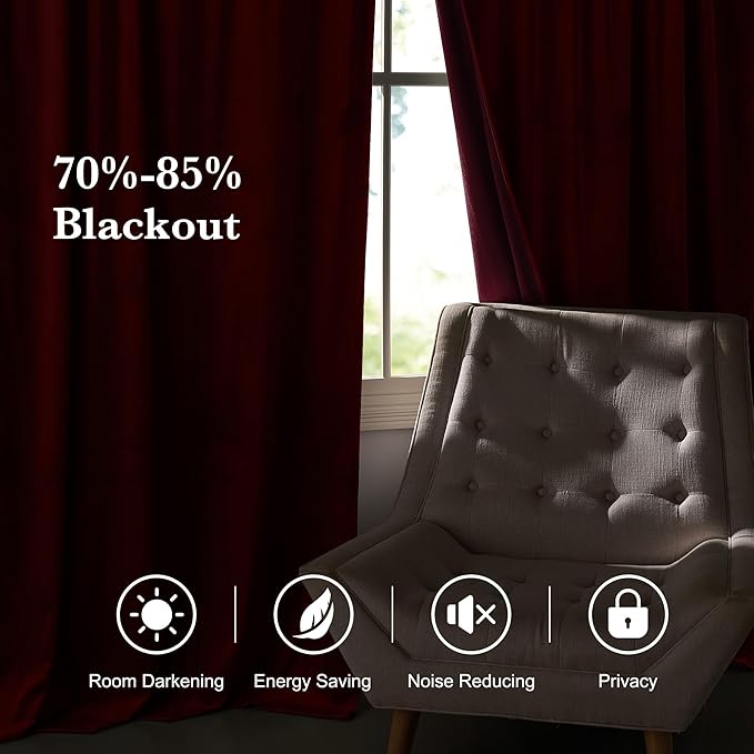 RYB HOME Burgundy Red Velvet Curtains for Christmas Decor, Soft Luxury Backdrops for Studio Theater, Back Tab Design for Bedroom Living Room, 52" W x L102 L, 2 Panels Set