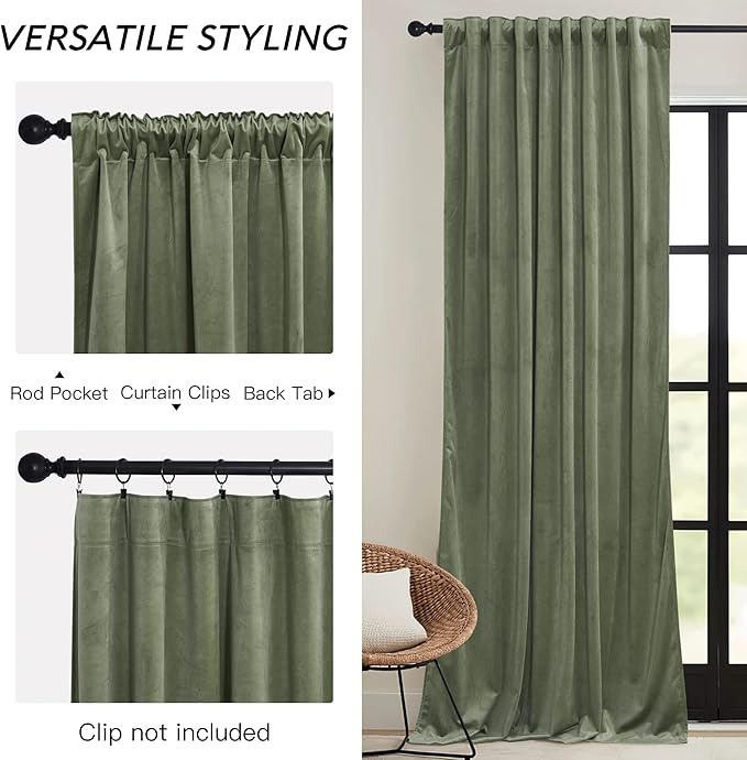 RYB HOME Sage Green Velvet Curtains 80 inches with Hook Belt, Soft Fabric Room Darkening Thermal Insulated Luxurious Home Decor Curtains for Living Room Bedroom, W 52" x L 80", 2 Panels Set