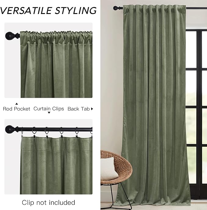 RYB HOME Sage Green Velvet Curtains with Hook Tape, Thermal Insulated Privacy Protect Decorative Drapes for Bedroom Dining Room, W 62 x L 96 inches, 2 Panels Set