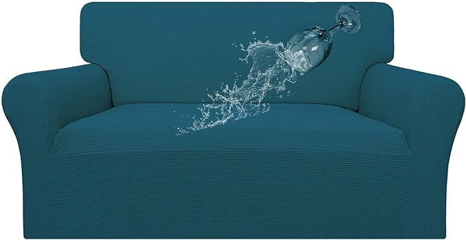 Easy-Going 100% Waterproof Loveseat Couch Cover, Dual Waterproof Sofa Cover, Stretch Jacquard Sofa Slipcover, Leakproof Furniture Protector for Kids, Pets, Dog and Cat (Loveseat, Peacock Blue)