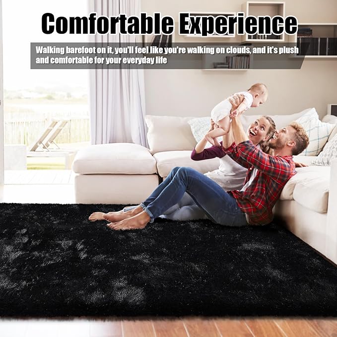 Shag Area Rug for Bedroom 4x6,Black Fluffy Area Rugs for Living Room,Soft Fuzzy Rug Non-Shedding Indoor Plush Carpet for Kids Bedroom Nursery Dorm Home Decor