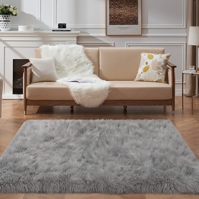 Faux Fur Area Rug, Grey Fluffy Rugs for Bedroom Living Room, 4'x6' Soft Shaggy Fuzzy Rug for Nursery, Indoor Plush Gray Floor Carpets for Kids Girls Boys Teen Dorm, Cute Home Decor, Rectangle