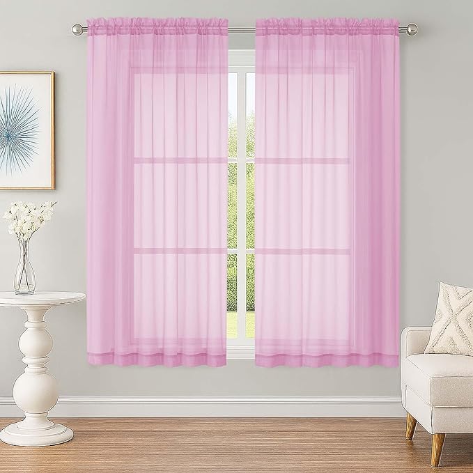 OWENIE Sheer Pink Curtains, Sheer Curtains 63 inch Length 2 Panels Set, Rod Pocket Voile Fimly Sheer Drapes for Living Room Bedroom, 2pcs, Pink, Each 59" W x 63" L