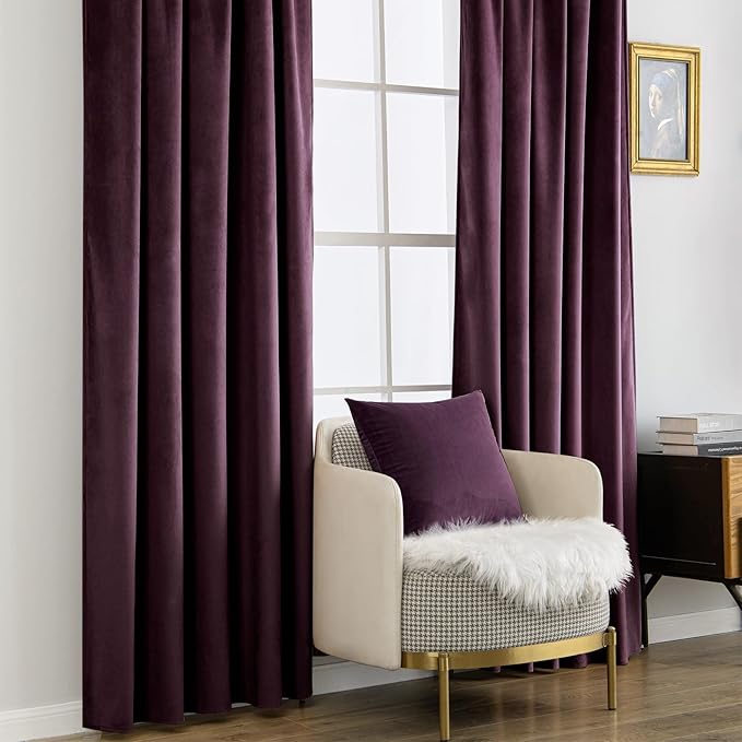 MIULEE Dark Purple Velvet Curtains 96 inches - Luxury Blackout Curtains for Bedroom Living Room Thermal Insulated Super Soft Window Drapes Rod Pocket & Back Tab, W52 x L96 inches, 2 Panels