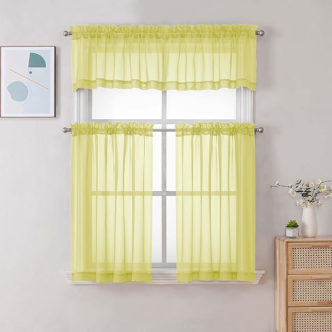 Chyhomenyc Sheer Valances for Windows, Light Filtering Small Window Curtains for Living Room Bathroom Cafe Laundry Basement, Modern Top Dual Rod Pocket Voile Curtain, 42Wx14L inches, Lemon, 2 Pieces