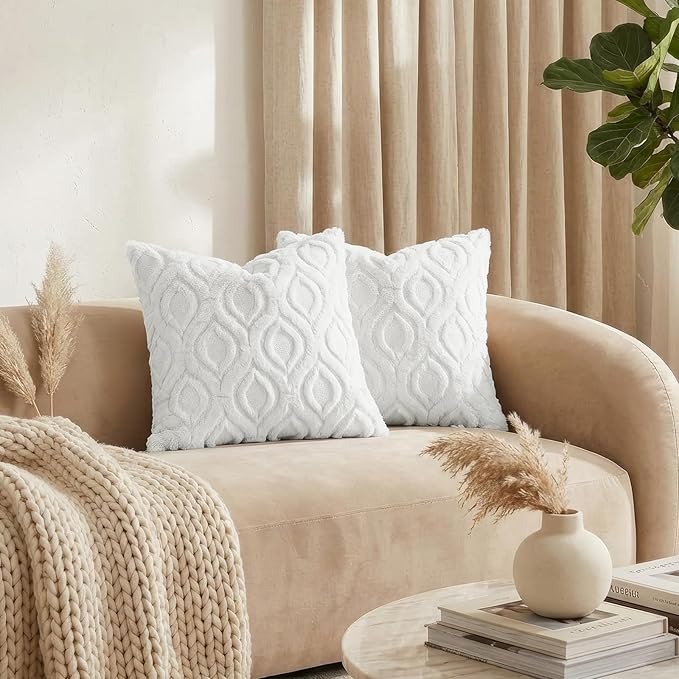 decorUhome Throw Pillow Covers 16x16 Inch Set of 2, Soft Plush Faux Wool White Solid Couch Pillow Covers, Accent Farmhouse Neutral Square Pillow Cases for Sofa Bed Living Room