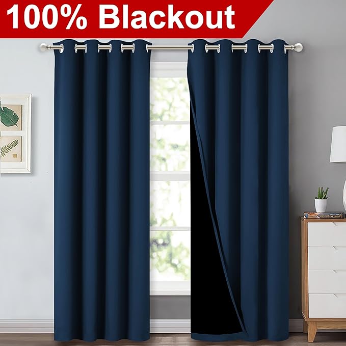 NICETOWN Moroccan Blue Full Shade Curtain Panels, Pair of Energy Smart & Noise Blocking Out Blackout Drapes for Dining Room Window, Thermal Insulated Guest Room Lined Window Dressing, 52 x 84 inch