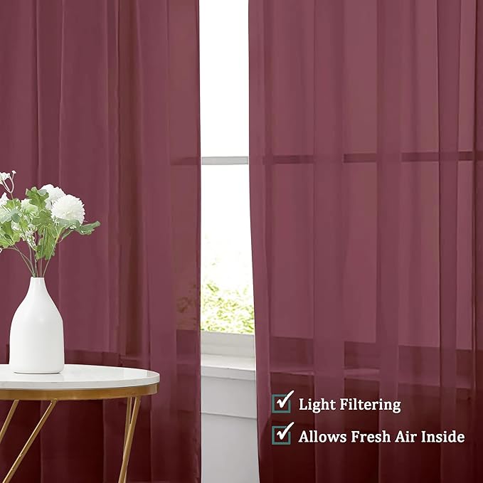 Chyhomenyc Burgundy Sheer Valances for Windows - Light Filtering Small Kitchen Curtains, Rod Pocket Short Top Window Treatment Decor for Living Room Bathroom Basement, 42Wx16L inches, 2 Panels