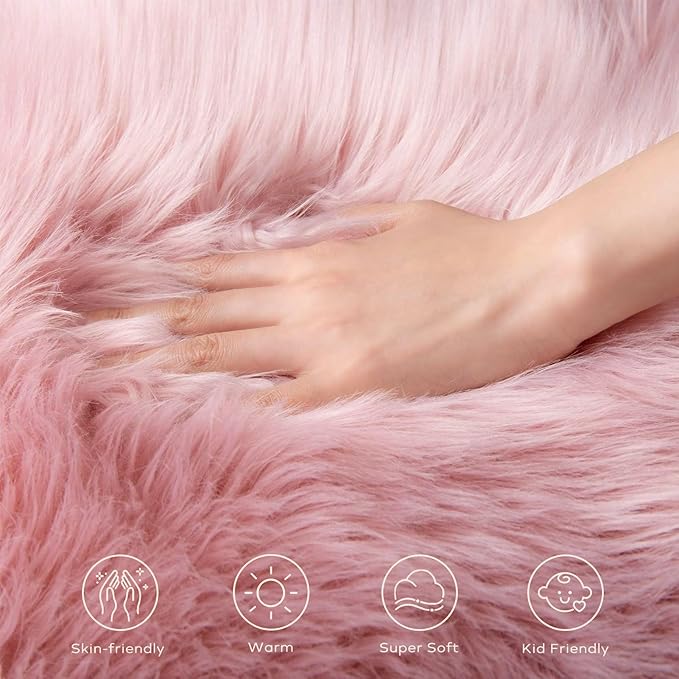Ashler faux fur rug, Fluffy Shaggy Area Rug Ultra Soft 2 x 6 Feet Sheepskin Fur Rug, Pink Fuzzy Rug Machine Washable Shag Rug, Nursery Decor Throw Rugs for Bedroom, kids room, Living Room